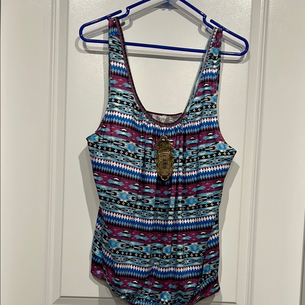 Blue Sleeveless Swim Bodysuit with Geometric Pattern